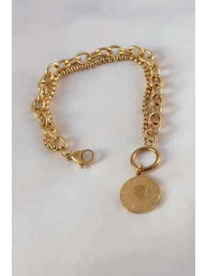 316L Çelik Gold Renk 2li Zincir Model Çeyrek Altınlı Kadın Bileklik