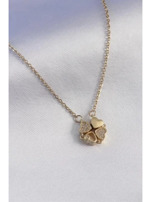 316L Çelik Gold Renk Açılır Yonca Model Zirkon Taşlı Kadın Kolye