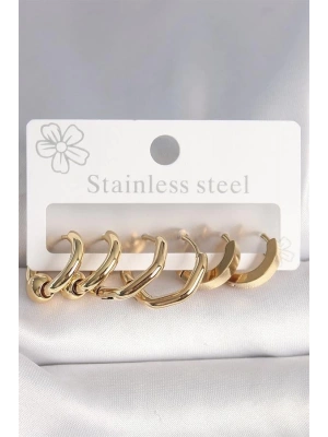 316L Çelik Gold Renk Altıgen Halka Model Kadın Küpe Seti