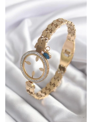 316L Çelik Gold Renk Arpa Model Zirkon Taş Detay Çeyrek Altın Takılabilir Kadın Kelepçe