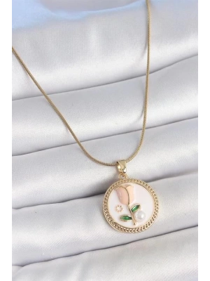 316L Çelik Gold Renk Beyaz Mineli İncili Çiçek İşlemeli Portre Model Kadın Kolye