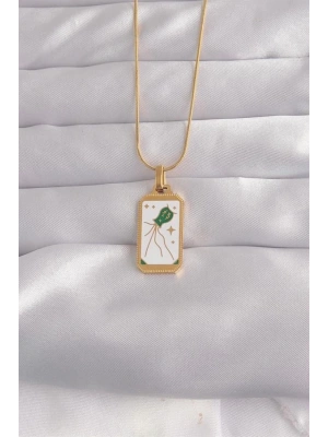 316L Çelik Gold Renk Beyaz Mineli Tarot Kolye
