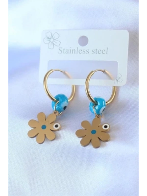 316L Çelik Gold Renk Çiçek Model Nazar Boncuk Detay Kadın Küpe