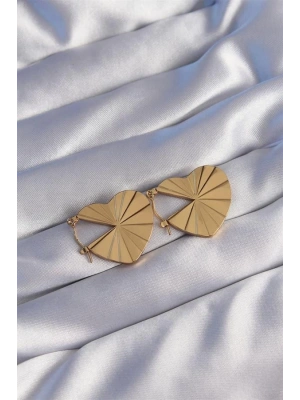 316L Çelik Gold Renk Çizgili Plaka Tasarımlı Kalp Küpe