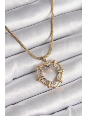 316L Çelik Gold Renk İtalyan Zincir Mix Renk Zirkon Taşlı Kalp Model Kadın Kolye