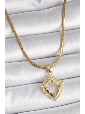 316L Çelik Gold Renk İtalyan Zincir Zirkon Taşlı Kutup Yıldız İşleme Kadın Kolye
