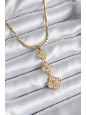 316L Çelik Gold Renk İtalyan Zincir Zirkon Taşlı Yonca Model Kadın Kolye