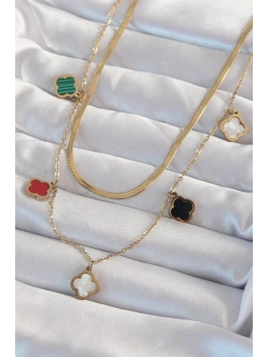 316L Çelik Gold Renk İtalyan Zincirli Renkli Mineli Çoklu Yonca Kolye