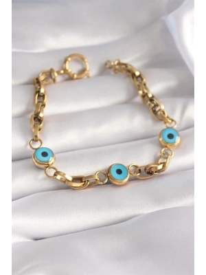 316L Çelik Gold Renk Kalın Zincir Nazar Boncuk Detay Kadın Bileklik