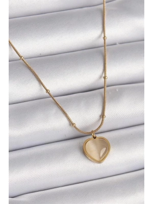 316L Çelik Gold Renk Kedi Gözü Sedefli Kalp Model Kadın Kolye