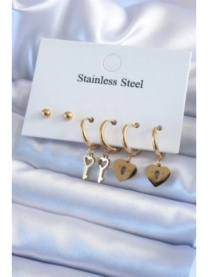 316L Çelik Gold Renk Kilit Kalp Model Kalp Anahtar Detay Kadın Küpe Seti