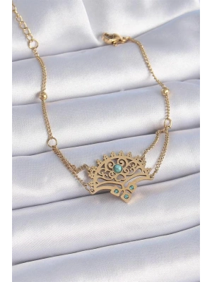 316L Çelik Gold Renk Mavi Taşlı Etnik Desen Kadın Bileklik
