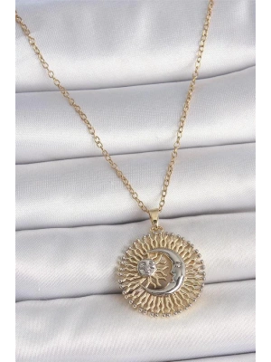 316L Çelik Gold Renk Mix Renk Ay Güneş Model Kadın Kolye
