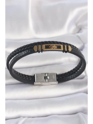 316L Çelik Gold Renk Örümcek Figür Çift Sıra Burgu Desenli Deri Kordon Erkek Bileklik