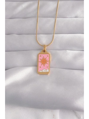 316L Çelik Gold Renk Pembe Mineli Güneş Model Tarot Kolye