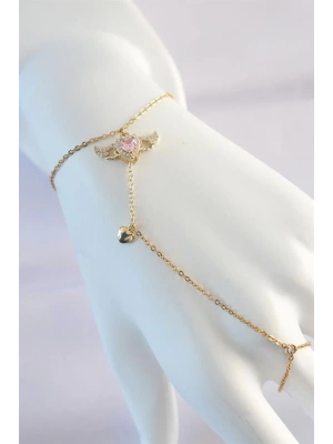 316L Çelik Gold Renk Pembe Zirkon Taşlı Kanatlı Kalp Model Şahmeran