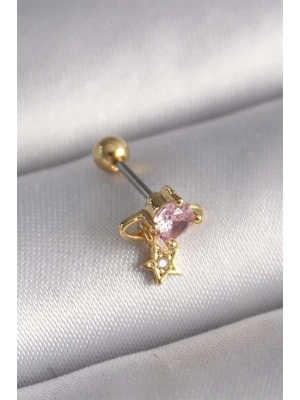 316L Çelik Gold Renk Pembe Zirkon Taşlı Sallantı Yıldız Detay Tragus Piercing