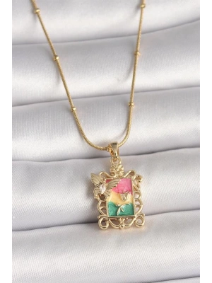 316L Çelik Gold Renk Renkli Zirkon Taşlı Kelebek İşlemeli Portre Model Kadın Kolye