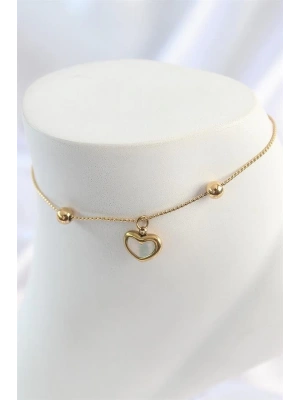 316L Çelik Gold Renk Sallantı Mineli Kalp Figür Topçuk Detay Kadın Halhal