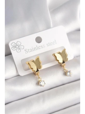 316L Çelik Gold Renk Sallantı Zirkon Taş Detaylı Simli Kelebek Model Kadın Küpe