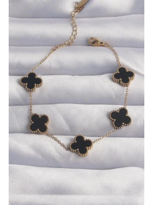 316L Çelik Gold Renk Siyah Mineli Yonca Bileklik