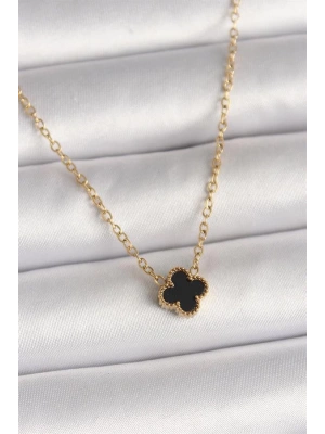 316L Çelik Gold Renk Siyah Yonca Model Kadın Kolye