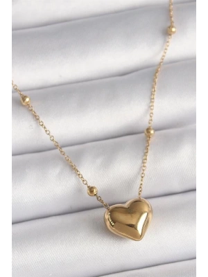 316L Çelik Gold Renk Topçuk Detaylı Zincir Kalp Model Kadın Kolye