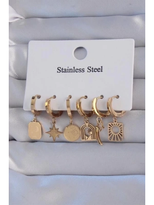 316L Çelik Gold Renk Yıldız Figürlü Tarot Model Halka Küpe Seti