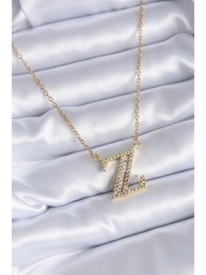 316L Çelik Gold Renk Z Harf Model Zirkon Taşlı Kadın Kolye