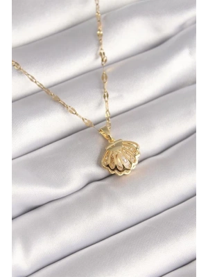 316L Çelik Gold Renk Zincir Açılır İstiridye Model İnci Zirkon Taş Detay Kadın Kolye