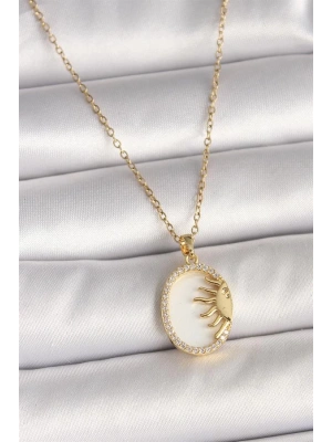 316L Çelik Gold Renk Zincir Beyaz Mineli Gün Batımı Model Zirkon Taş Detay Kadın Kolye