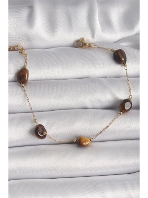 316L Çelik Gold Renk Zincir Kahverengi Doğaltaş Model Kadın Bileklik