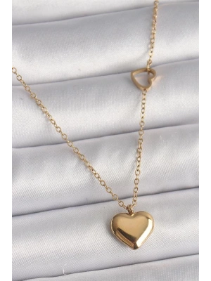 316L Çelik Gold Renk Zincir Kalp Detay Kalp Figür Kadın Kolye