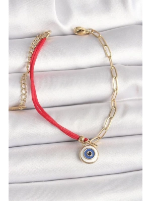 316L Çelik Gold Renk Zincir Kırmızı İp Model Sallantı Nazar Boncuk Figür Kadın Bileklik