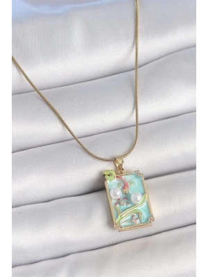 316L Çelik Gold Renk Zincir Mavi Mineli İncili Çiçek İşlemeli Portre Model Kadın Kolye