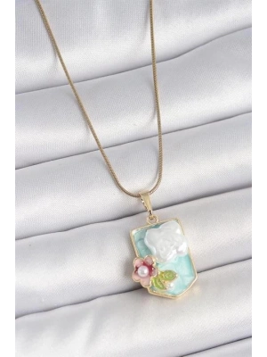 316L Çelik Gold Renk Zincir Mavi Mineli İncili Çiçek İşlemeli Portre Model Kadın Kolye