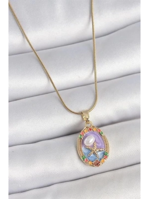 316L Çelik Gold Renk Zincir Mix Renk Deniz Yıldız İşlemeli Renki Çiçek Detay Portre Model Kadın Kolye