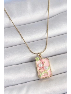 316L Çelik Gold Renk Zincir Pembe Mineli İncli Çiçek İşlemeli Portre Model Kadın Kolye