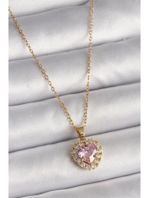 316L Çelik Gold Renk Zincir Pembe Zirkon Taşlı Kalp Model Kadın Kolye