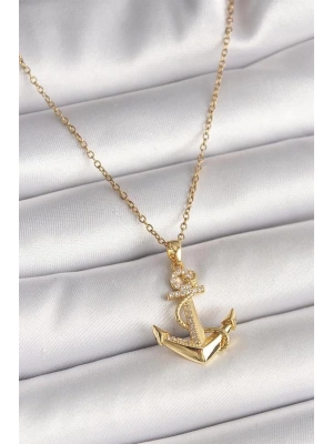 316L Çelik Gold Renk Zincir Zirkon Taş Detaylı Çapa Model Kadın Kolye