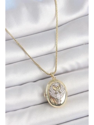 316L Çelik Gold Renk Zincir Zirkon Taşlı Anka Kuşu İşlemeli Açılır Model Kadın Kolye