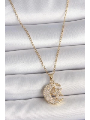 316L Çelik Gold Renk Zincir Zirkon Taşlı Ay Yıldız Model Kadın Kolye