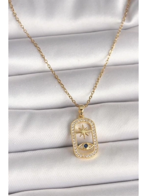 316L Çelik Gold Renk Zincir Zirkon Taşlı Göz Yıldız Model Kadın Kolye