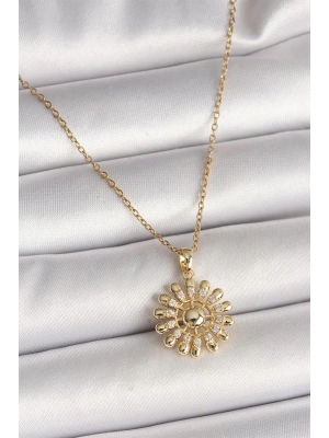 316L Çelik Gold Renk Zincir Zirkon Taşlı Güneş Model Kadın Kolye