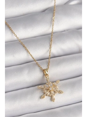 316L Çelik Gold Renk Zincir Zirkon Taşlı Kar Tanesi Model Kadın Kolye