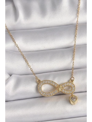 316L Çelik Gold Renk Zincir Zirkon Taşlı Sonsuzluk Model Sallantı Taşlı Kalp Detay Kadın Kolye