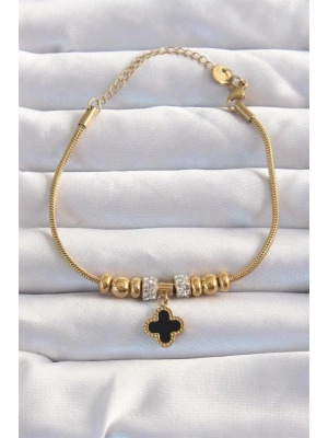 316L Çelik Gold Renk Zirkon Taş Aksesuarlı Siyah Mineli Yonca Bileklik