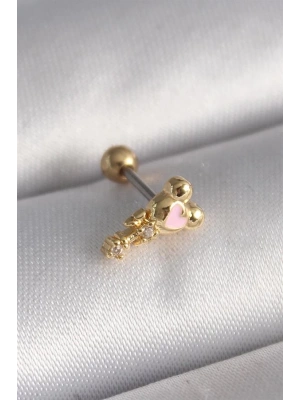 316L Çelik Gold Renk Zirkon Taş Detay Pembe Kalp İşleme Tragus Piercing