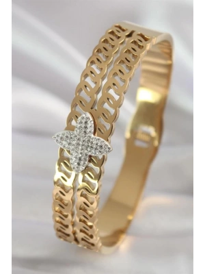 316L Çelik Gold Renk Zirkon Taşlı Çiçek Model Kadın Kelepçe