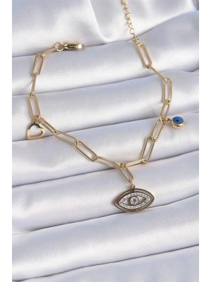 316L Çelik Gold Renk Zirkon Taşlı Göz Figür Kalp Detay Kadın Bileklik